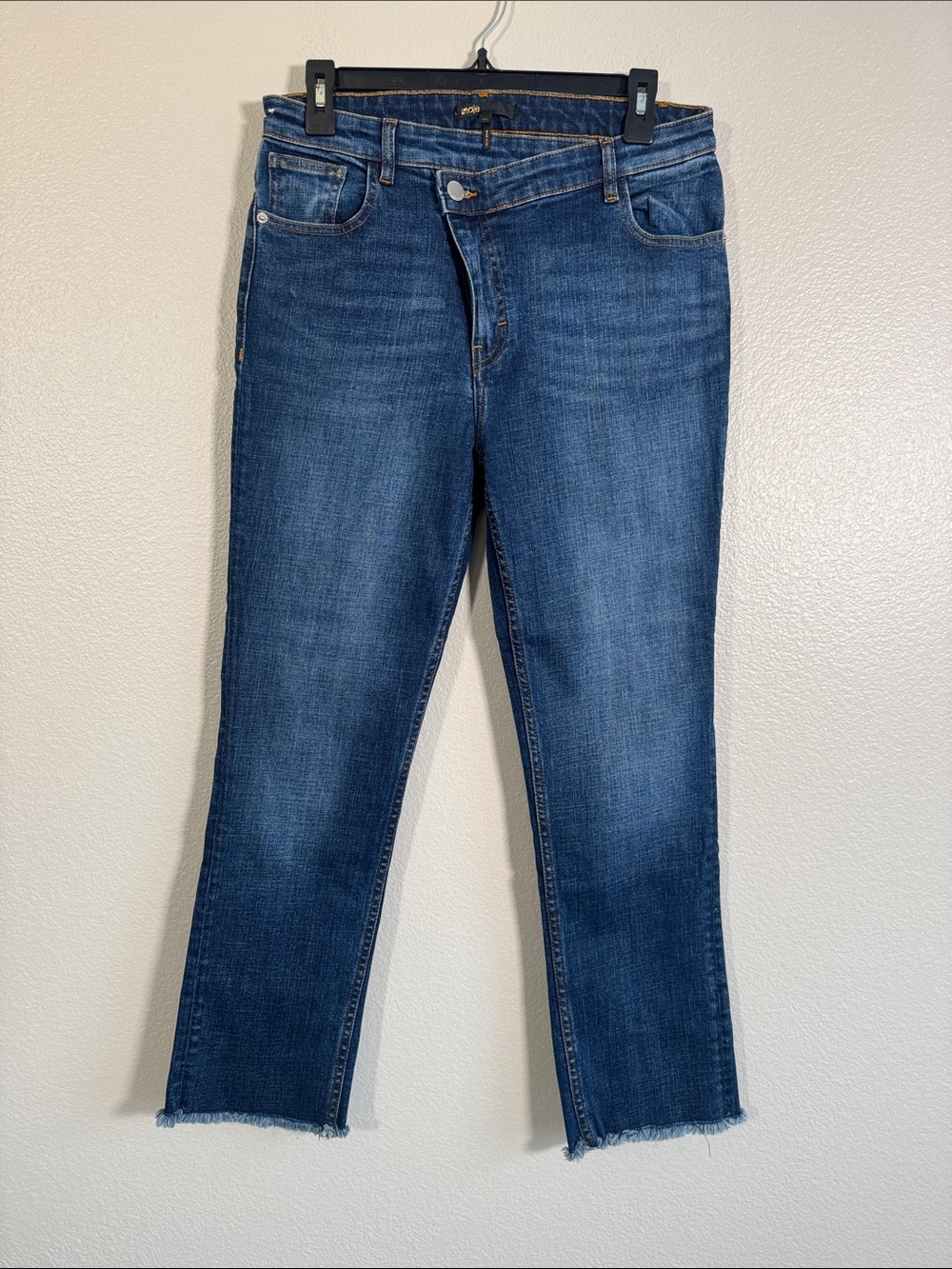 Maje High-Waisted Asymmetrical Button Jeans in Dark Wash - EU 40 / US L